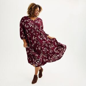 Sonoma 3/4 Sleeve Button Front Maxi Dress Plum Mauve Floral Plus Size 3X